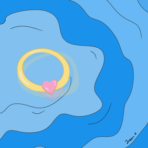 Yellow ring with a pink heart on a blue abstract background